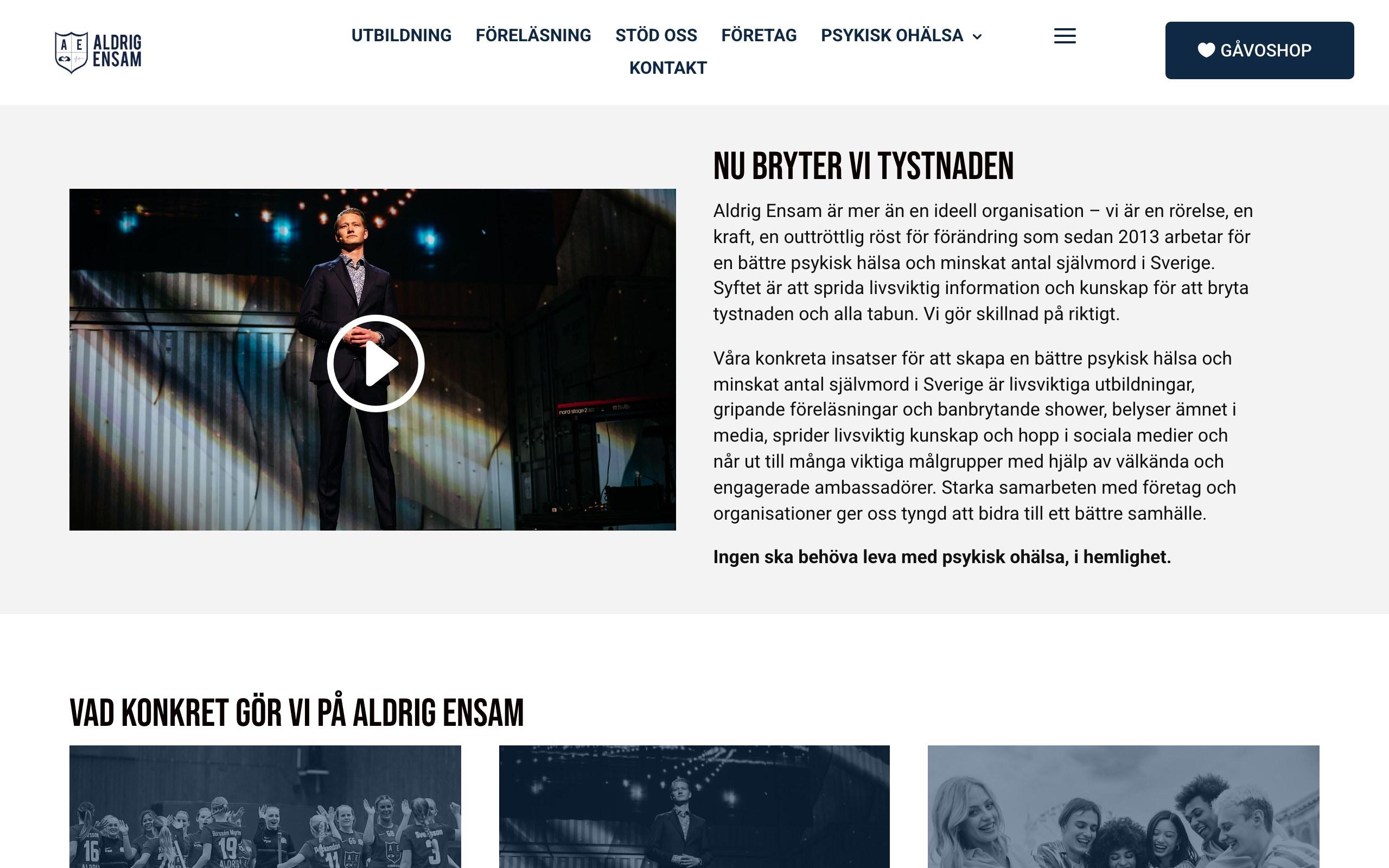 Aldrig Ensam – startsida för den ideella organisationen