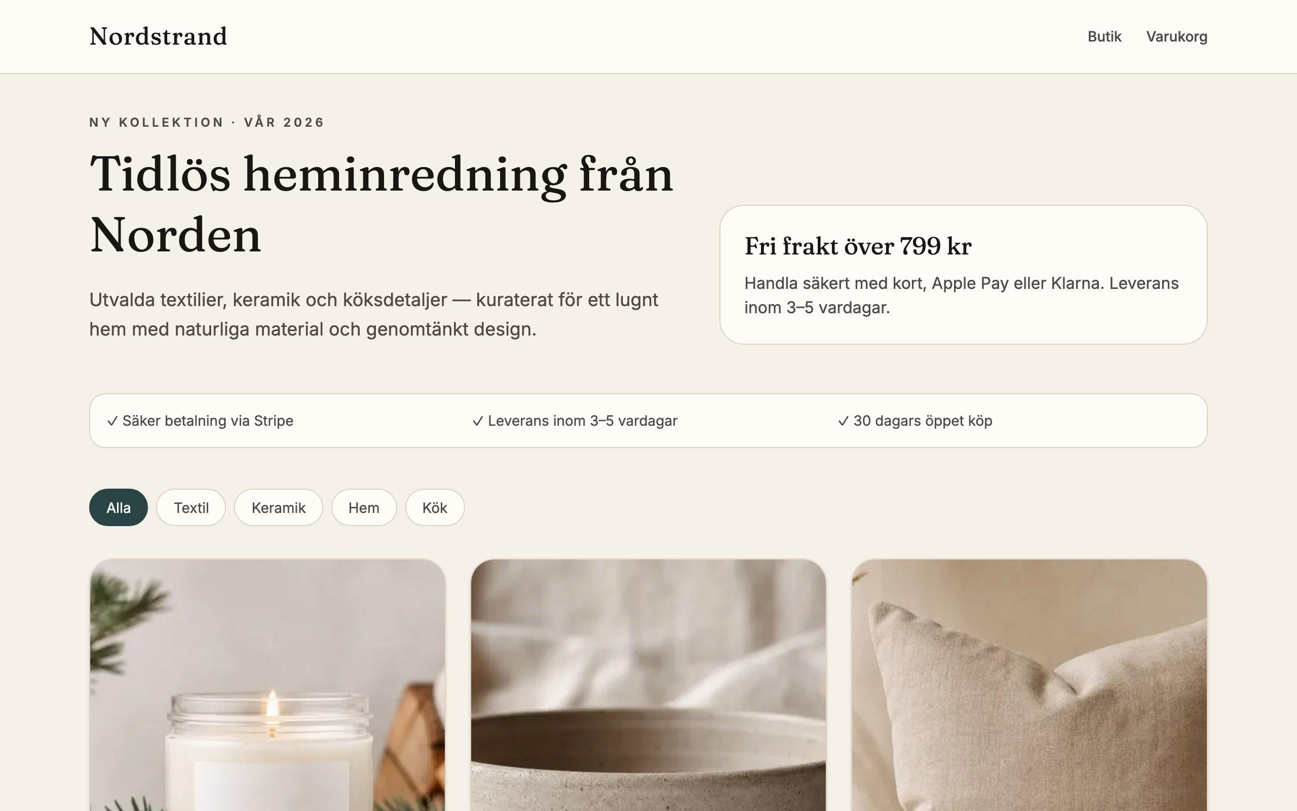 Nordstrand Commerce – startsida med produkter