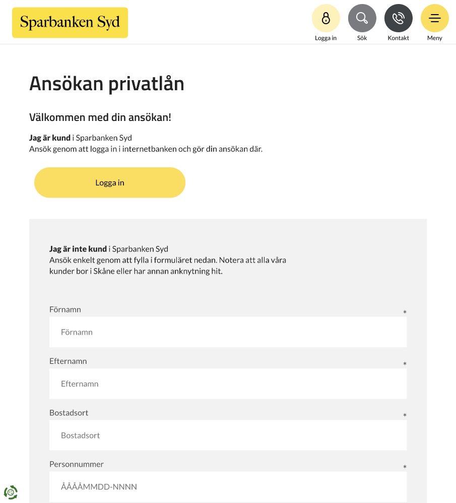 Sparbanken Syd – formulärsida för privatlåneansökan